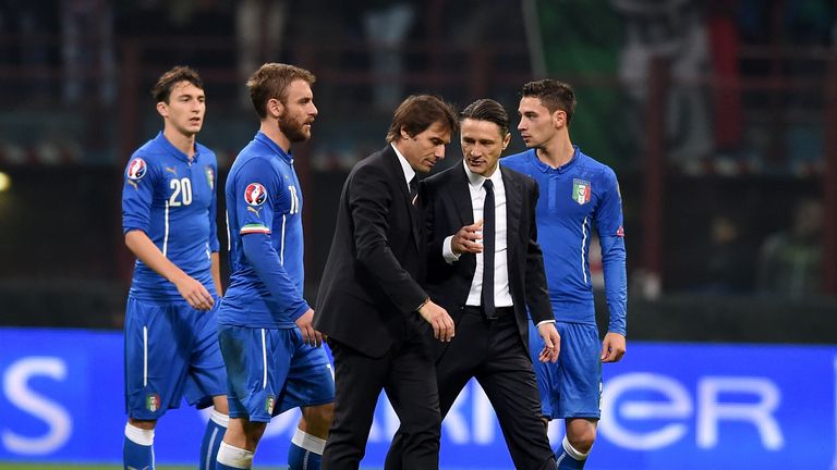 Head coach of Italy Antonio Conte (L) and head coach Niko Kovac of Croatia after the EURO 2016 Group H Qualifier match at the San Siro, Milan
