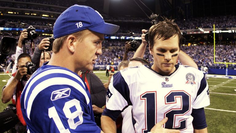  Quarterback Peyton Manning of the Indianapolis Colts greets Tom Brady of the New England Patriots