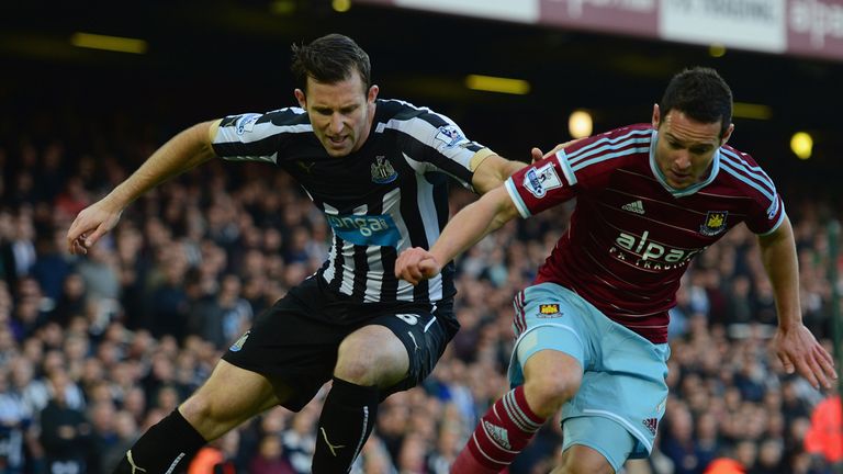 Michael Williamson of Newcastle United and compete for the ball Matthew Jarvis of West Ham