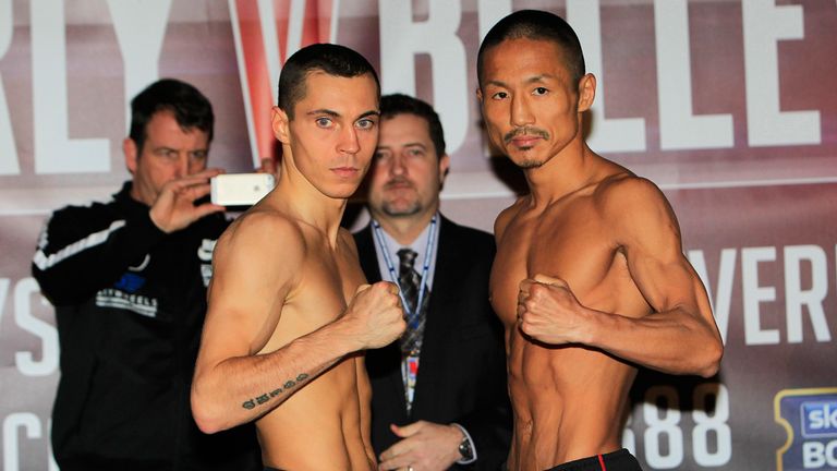 Scott Quigg: Sizes up Hidenori Ohtake at the weigh in (photo by Lawrence Lustig.)