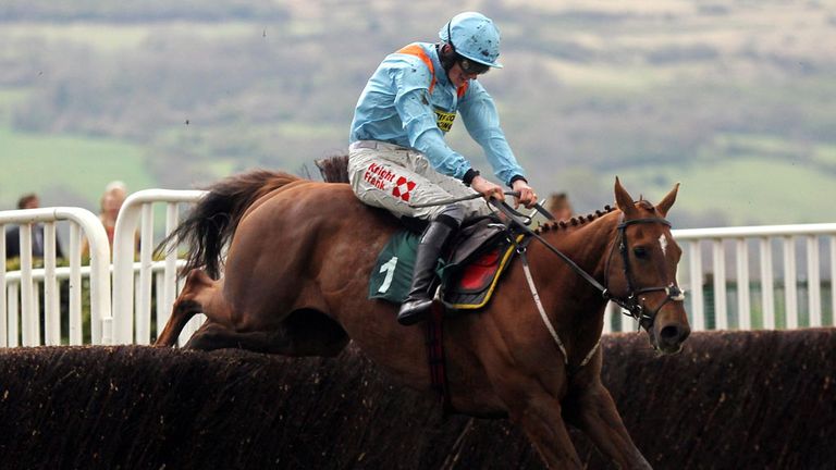 Mad Moose ridden by Sam Twiston-Davies jumps the last on their way to victory in the Albion House Nicholson Holman Novices Handicap Chase at Cheltenham.