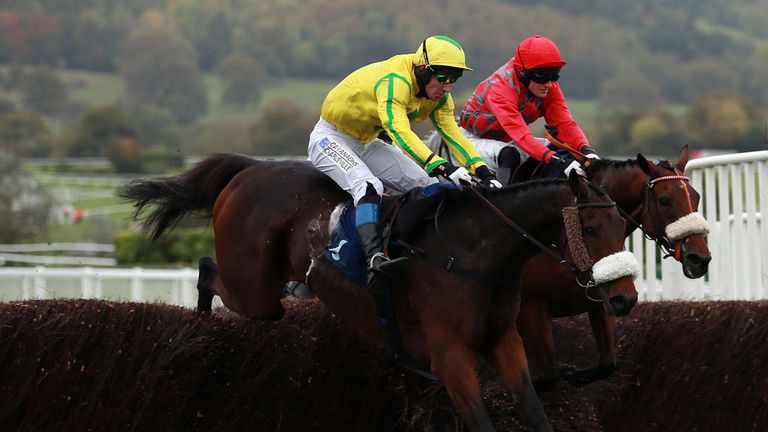 The Young Master ridden by Mr J.T.Carroll jump the last on their way to victory in the Cheltenham Monopoly Amateur Riders´ Handicap Chase at Cheltenh