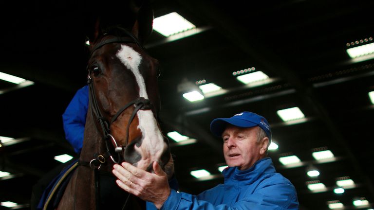 Trainer Jonjo O'Neill with Johns Spirit at Jackdaws Castle, Gloucestershire.