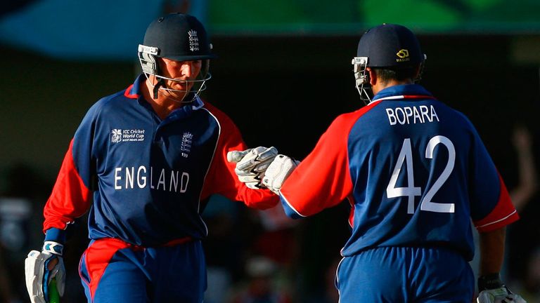 Paul Nixon and Ravi Bopara punch gloves during England's World Cup chase against Sri Lanka in 2007