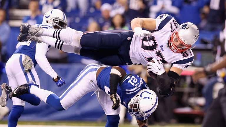 Rob Gronkowski of the New England Patriots scores a touchdown against the Indianapolis Colts