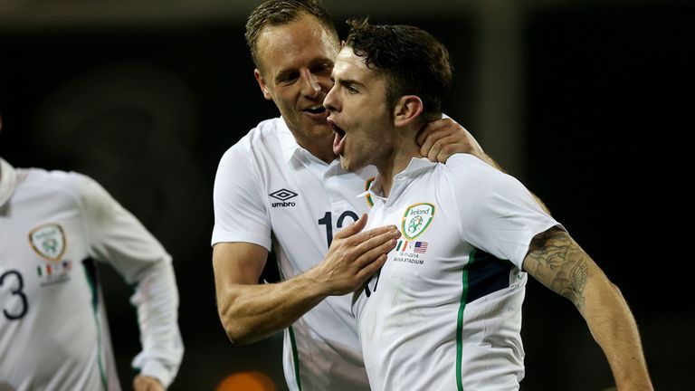 Republic of Ireland's Robbie Brady celebrates his goal with team-mate David Meyler 