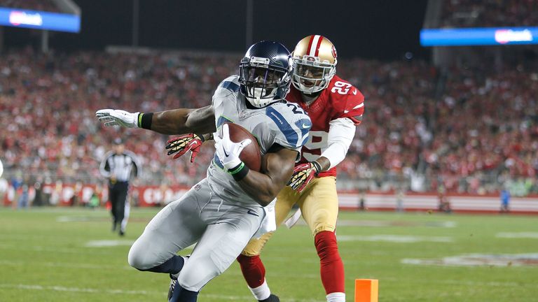 Robert Turbin of the Seattle Seahawks scores his touchdown against the San Francisco 49ers 