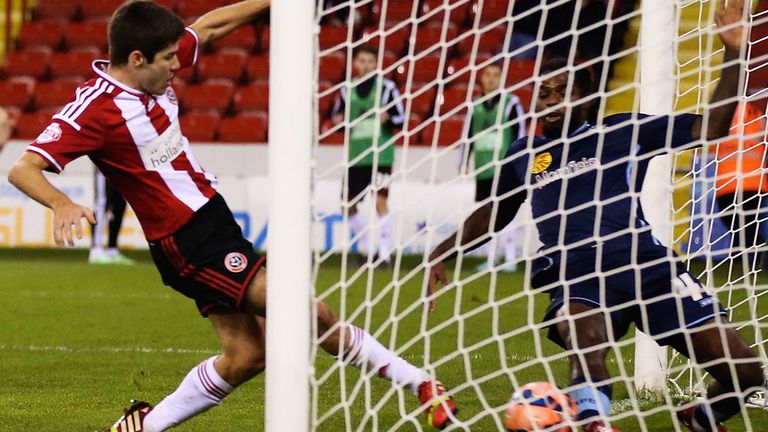 Ryan Flynn fires Sheffield United in front after 19 minutes of their FA Cup first round replay against Crewe at Bramall Lane on Tuesday