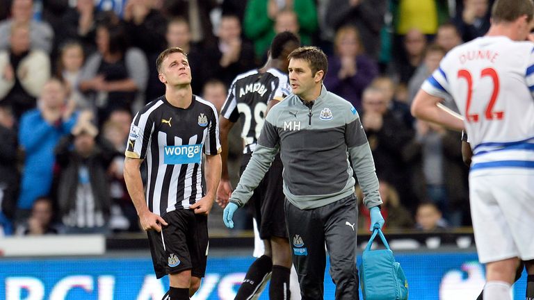 Newcastle's Ryan Taylor goes off injured during the Barclays Premier League match at St James' Park, Newcastle.