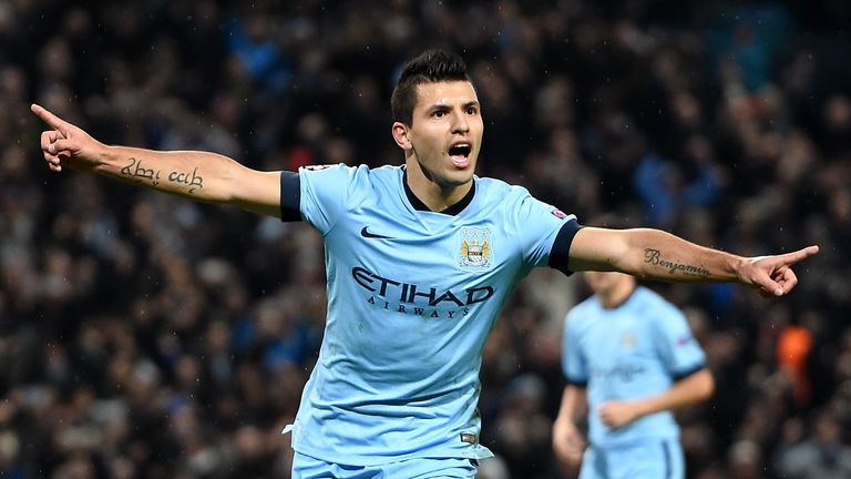 Manchester City's Sergio Aguero celebrates scoring his side's first goal during the UEFA Champions League match at the Etihad Stadium, Manchester.