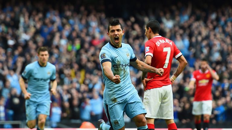 Sergio Aguero of Manchester City celebrates scoring the opening goal 