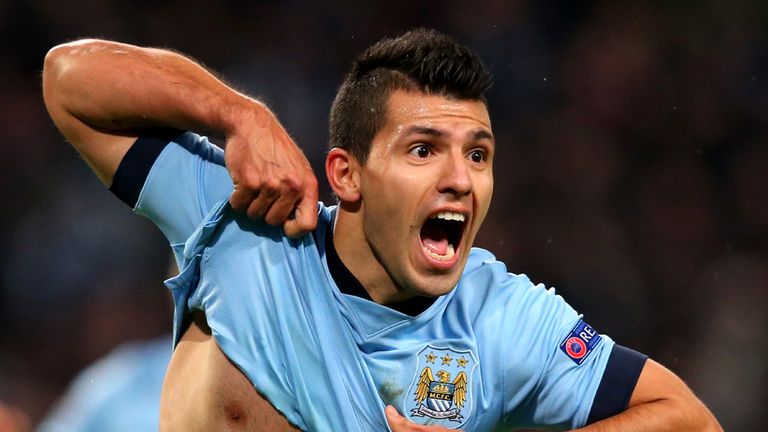 MANCHESTER, ENGLAND - NOVEMBER 25:  Sergio Aguero of Manchester City celebrates after scoring his team's third and matchwinning goal during the UEFA Champi