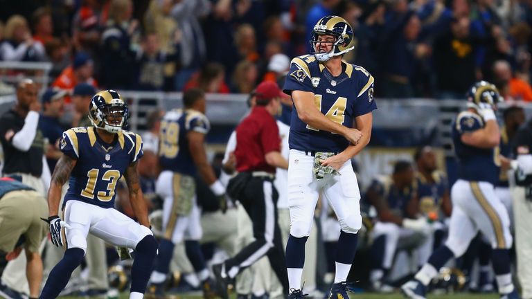 Shaun Hill of the St. Louis Rams celebrates after throwing a 63-yard touchdown pass against the Denver Broncos