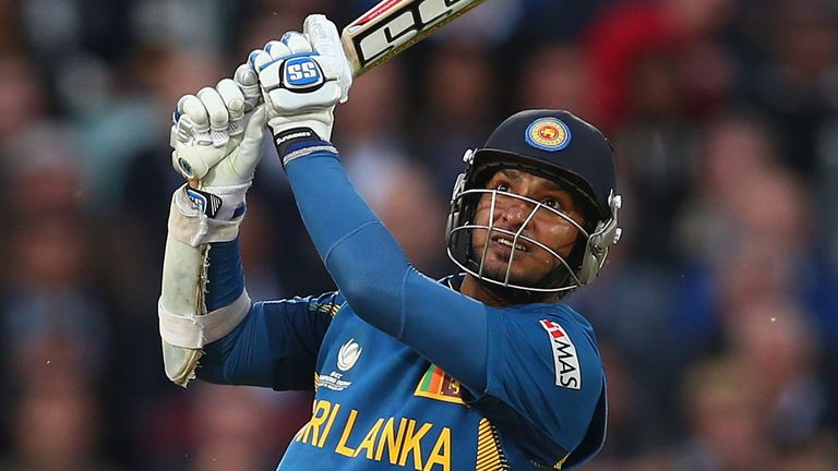 Kumar Sangakkara hits out on his way to a hundred against England in the 2013 Champions Trophy