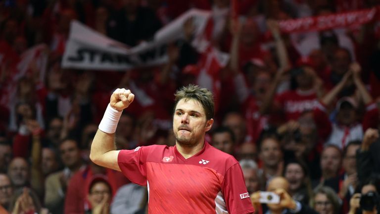 Stan Wawrinka of Switzerland reacts after winning the first match of the Davis Cup final against Jo-Wilfried Tsonga of France
