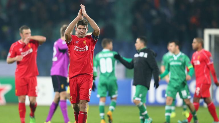 SOFIA, BULGARIA - NOVEMBER 26:  Steven Gerrard the captain of Liverpool applauds the travelling fans after his sides 2-2 draw during the UEFA Champions Lea
