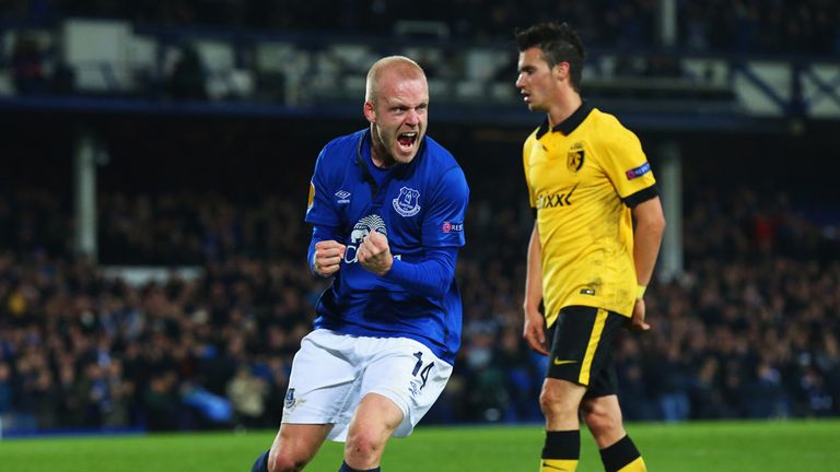 Steven Naismith of Everton celebrates as he scores their third goal 