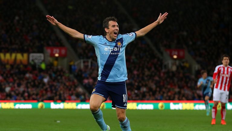 STOKE ON TRENT, ENGLAND - NOVEMBER 01:  Stewart Downing of West Ham celebrates scoring his team's second goal during the Barclays Premier League match betw