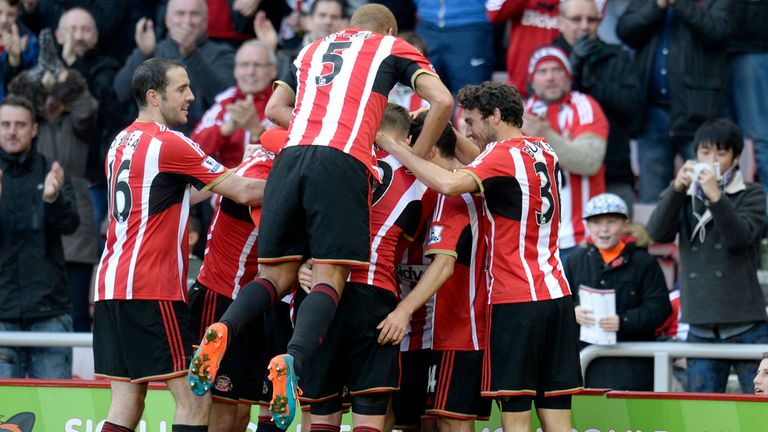 Sunderland players celebrate after Sebastian Larsson's goal against Everton