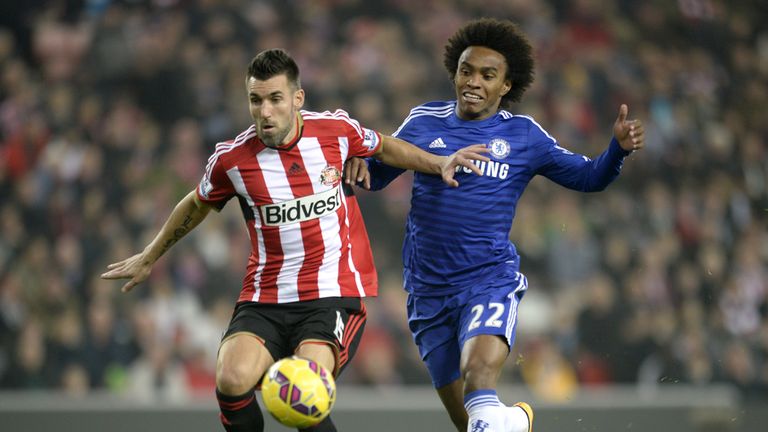 Sunderland's Anthony Reveillere (left) and Chelsea's Willian battle for the ball during the Barclays Premier League match at the Stadium of Light