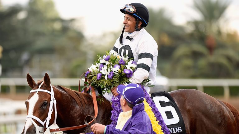 ARCADIA, CA - NOVEMBER 01:  Jockey Victor Espinoza smiles atop Take Charge Brandi after winning the 2014 14 Hands Winery Breeder's Cup Juvenile Fillies rac