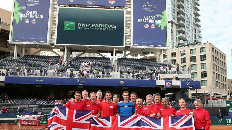Andy Murray and Great Britain Team celebrate Davis Cup win against USA in San Diego 2014