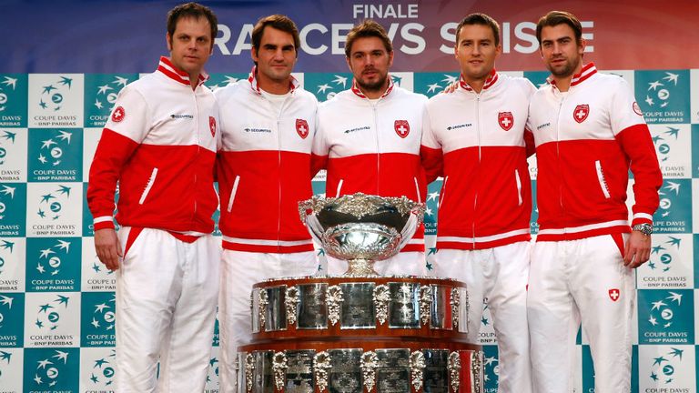 Roger Federer, Stan Wawrinka, Marco Chiudinelli, Michael Lammer and Captain Severin Luthi of Switzerland
