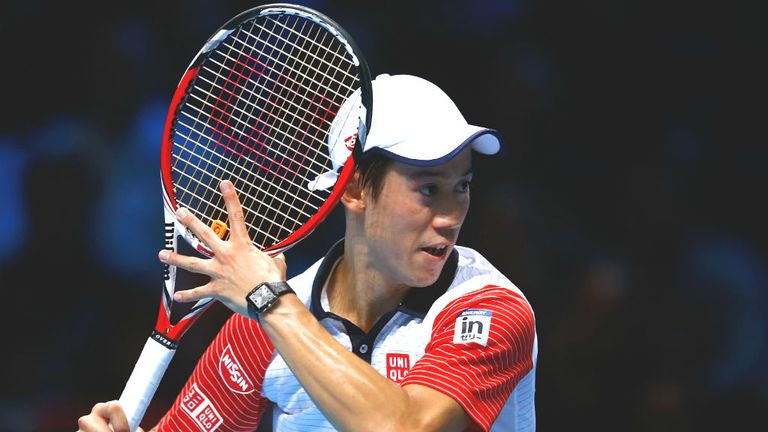 Kei Nishikori in action in the semi-final against Novak Djokovic at the ATP World Tour Finals