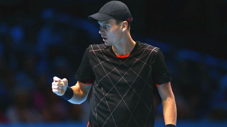 Tomas Berdych celebrates a point in the round robin singles match against Marin Cilic  at the ATP World Tour Finals