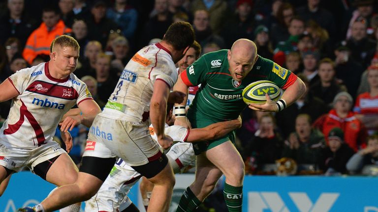 LEICESTER, ENGLAND - NOVEMBER 09:  Dan Cole of Leicester Tigers charges forward during the LV= Cup match between Leicester Tigers and Sale Sharks at Welfor
