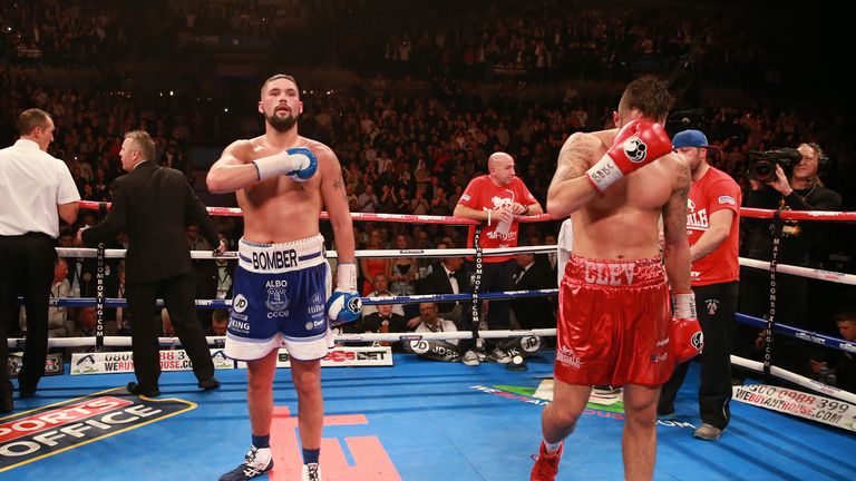 Tony Bellew (left) celebrates defeating Nathan Cleverly during the WBO & WBA Intercontinental Cruiserweight Title fight at the Liverpool Echo Arena