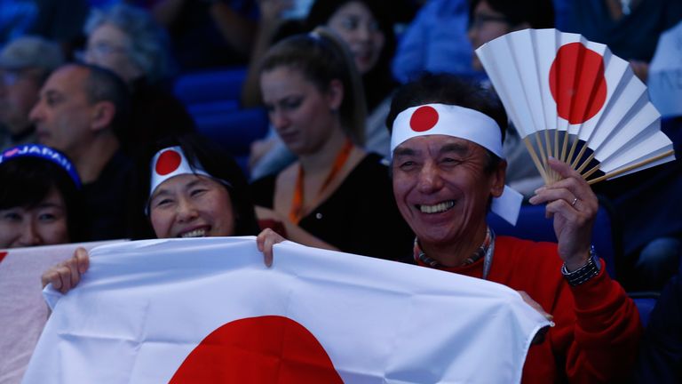 Fans for Kei Nishikori of Japan show their support in his match against Andy Murray 