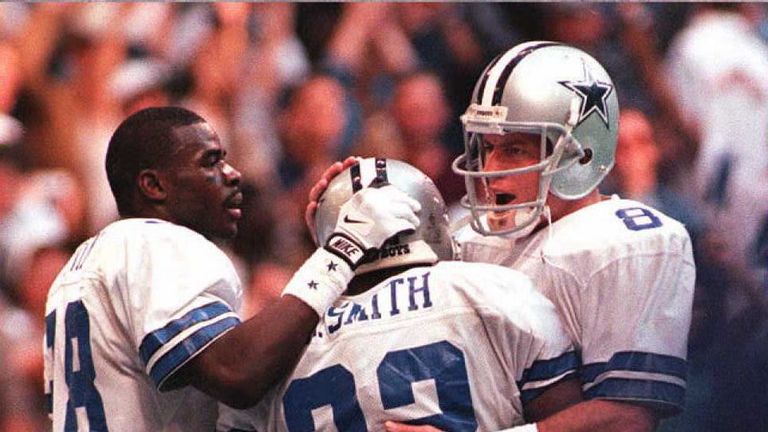 Dallas Cowboys quarterback Troy Aikman, wide receiver Michael Irvin and running back Emmitt Smith