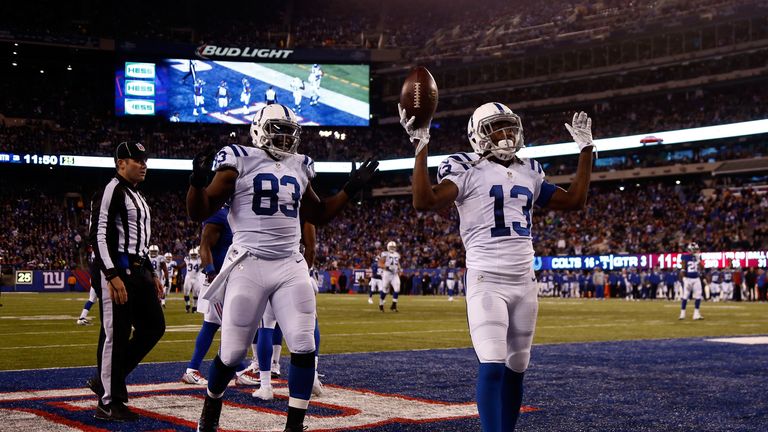 T.Y. Hilton #13 of the Indianapolis Colts celebrates with Dwayne Allen #83 after a touchdown against New York Giants