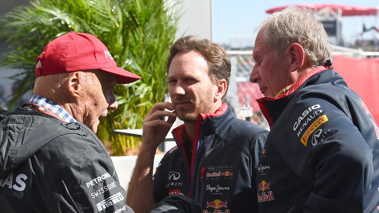 Niki Lauda Christian Horner and  Dr Helmut Marko