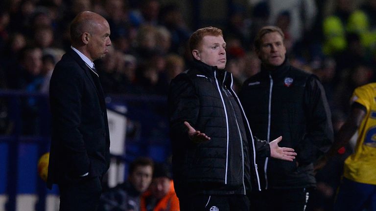 BOLTON, ENGLAND - NOVEMBER 07:  Wigan manager Uwe Rosler and Wigan manager Neil Lennon during the Sky Bet Championship match between Bolton Wanderers and W