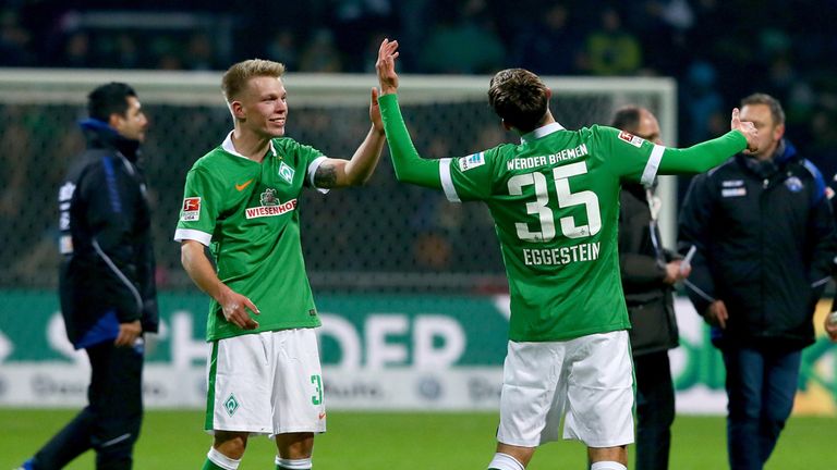 Janek Sternberg and Maximilian Eggestein of Bremen celebrate after the Bundesliga match between Werder Bremen and SC Paderborn
