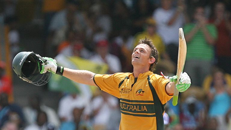 Bridgetown, BARBADOS: Australian cricketer Adam Gilchrist celebrates after scoring a century as he bats against Sri Lanka in the final of the ICC Cricket W
