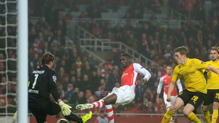 Yaya Sanogo gave Arsenal an early 1-0 lead at home to Borussia Dortmund
