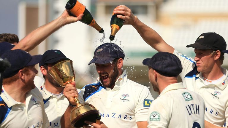 Yorkshire's Tim Bresnan celebrates winning the Division One County Championship with team-mates during day four of the LV= County Championship Division One
