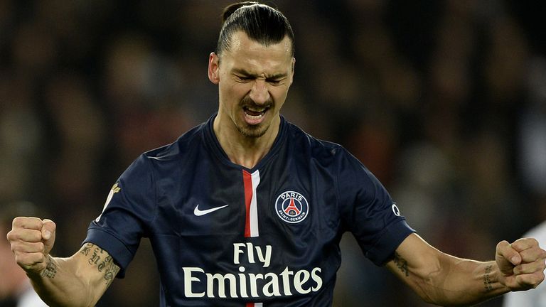 Paris Saint-Germain's Zlatan Ibrahimovic celebrates after scoring against Nice