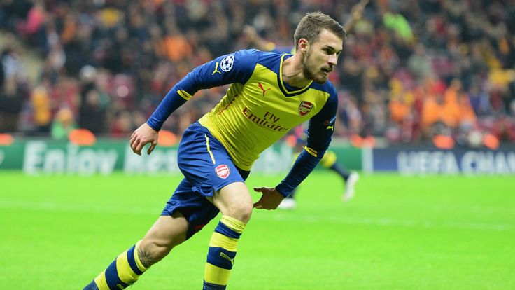 Aaron Ramsey of Arsenal celebrates as he scores their second goal against Galatasaray