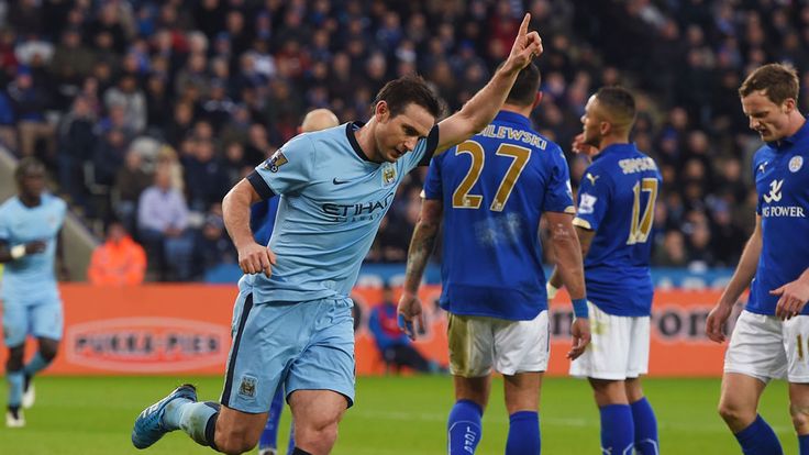 Frank Lampard of Man City celebrates after scoring against Leicester