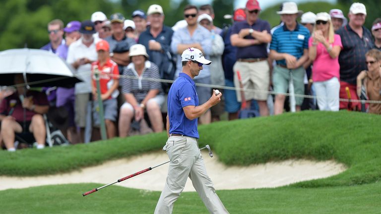 Adam Scott of Australia after sinking his putt on the 8th hole during day two of the 2014 Australian PGA Championship 