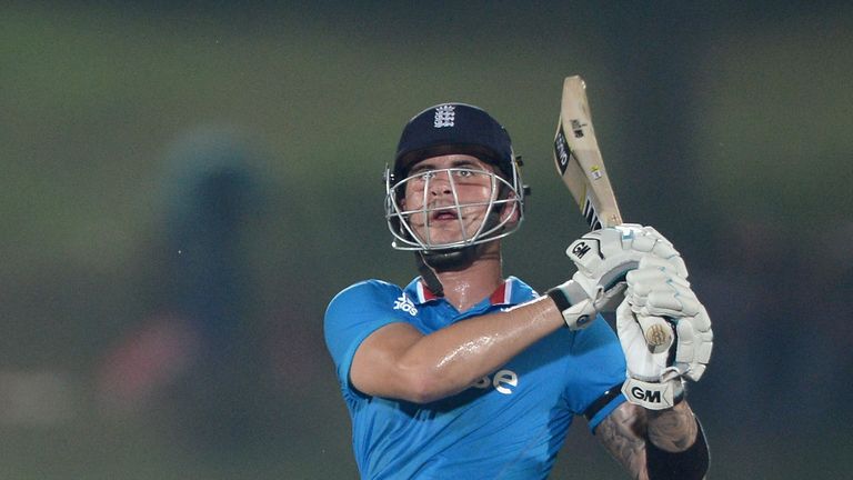 HAMBANTOTA, SRI LANKA - DECEMBER 03:  Alex Hales of England hits out for six runs during the 3rd One Day International between Sri Lanka and England at Mah