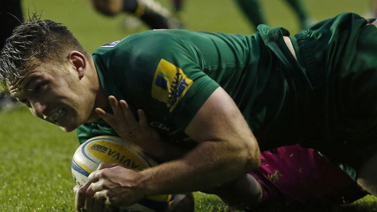 Alex Lewington goes over for London Irish's opening try in their 24-9 victory over London Welsh
