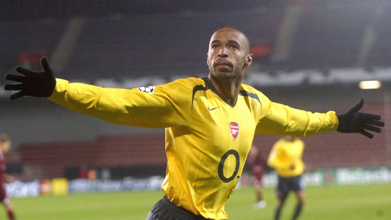 Henry celebrates the goal against Sparta Prague in 2005 that took him past Ian Wright as Arsenal's all-time leading scorer.