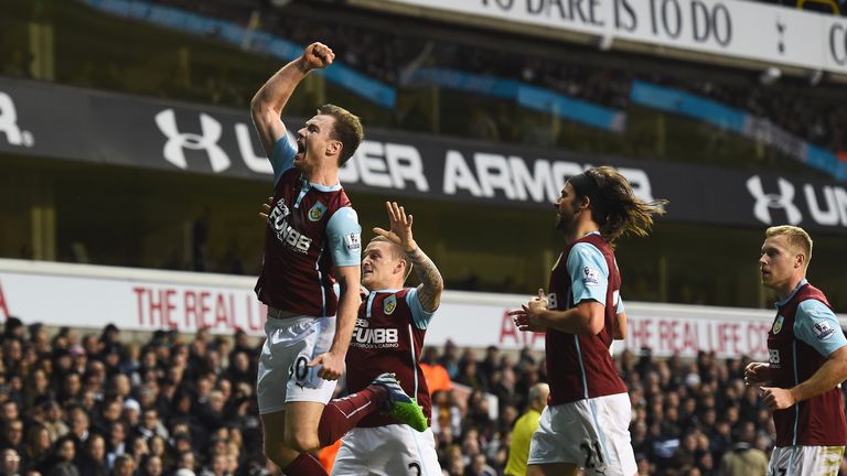  Ashley Barnes of Burnley celebrates his goal with team mates during the Barclays Premier League match between Tottenham 
