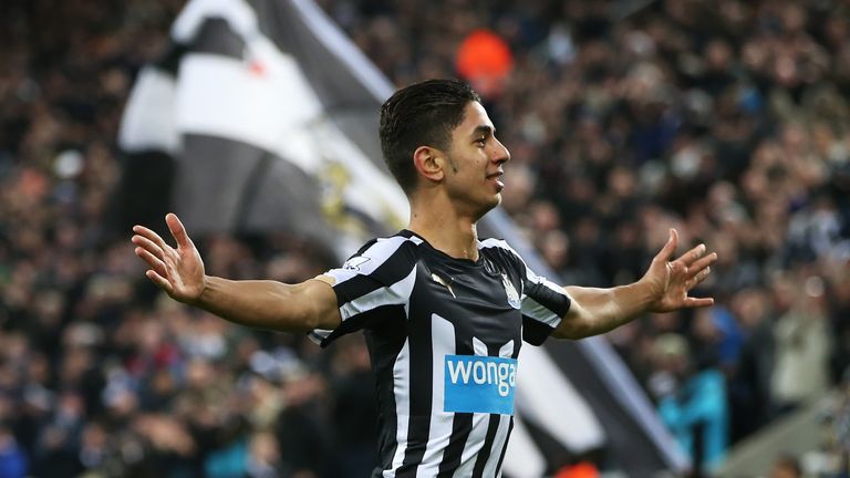 Ayoze Perez celebrates scoring their second goal during the English Premier League football match between Newcastle United and Everton