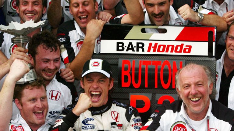 Jenson Button and BAR celebrate their third place